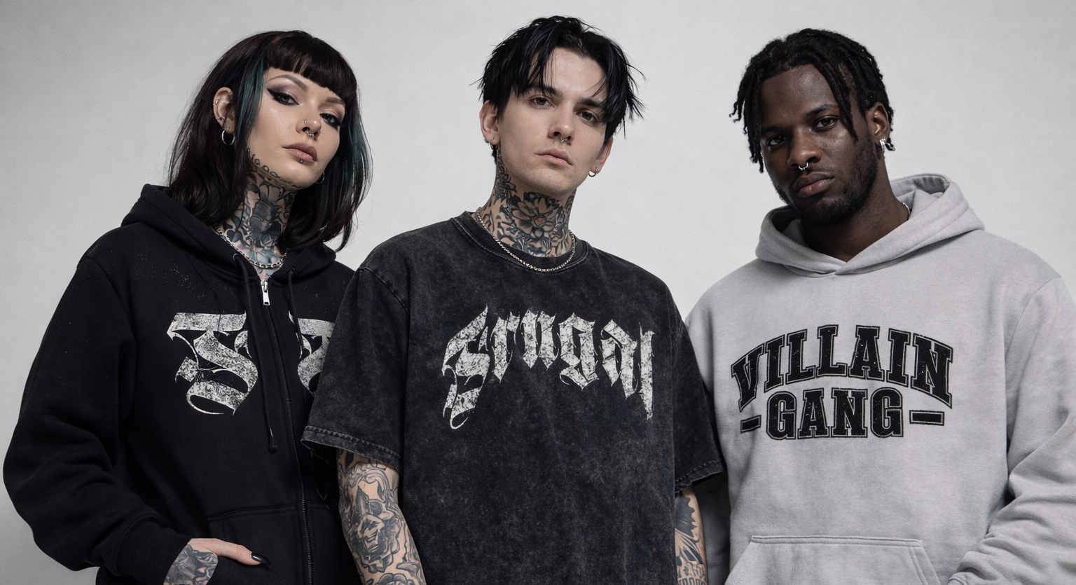 Three individuals wearing hoodies with visible branding against a neutral background